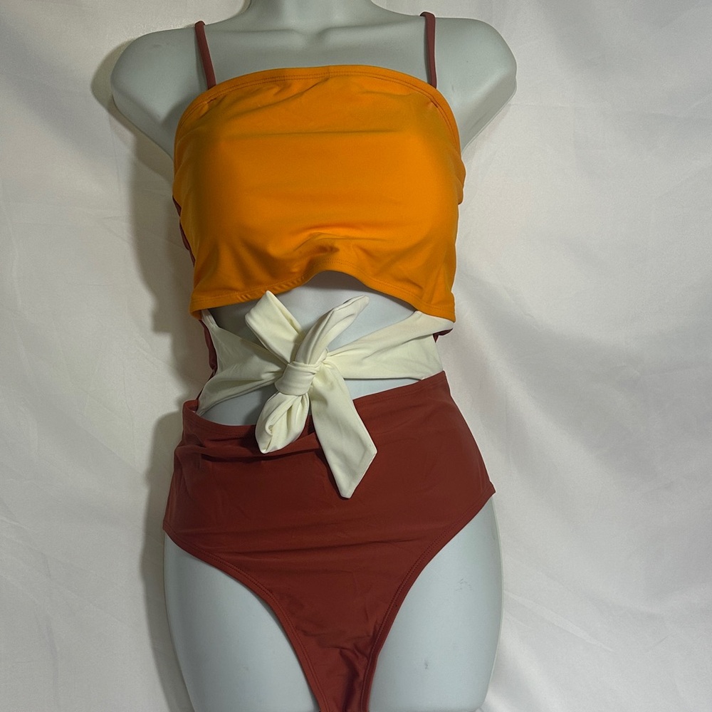 Stylish Orange and White Women Swim One Piece